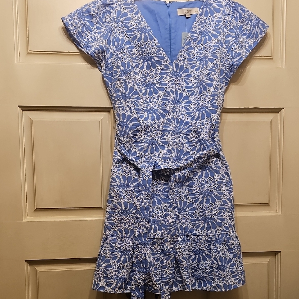 LOFT Blue and White Floral Wrap Mini Dress